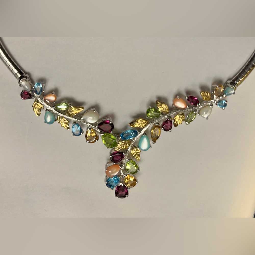 Sterling Silver Omega Necklace w/semi precious gemstones & gold plated leaves - Picture 5 of 14